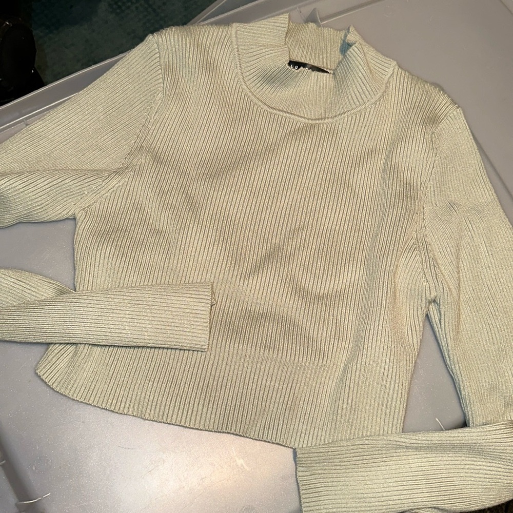 Blue blush grey bandit mock neck ribbed crop medium NWOT sage/ mint light green